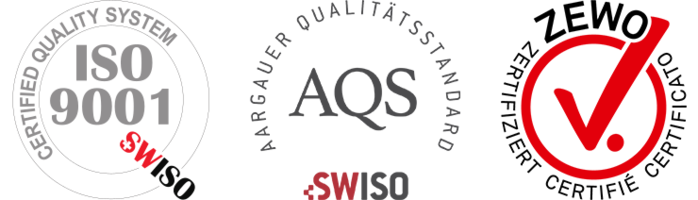 Gütesiegel der arwo Stiftung: ZEWO-Gütesiegel, Aargauer Qualitätsstandard AQS und ISO 9001, zertifiziert durch SWISO.