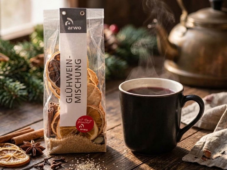 Glühweinmischung der arwo Stiftung in einer Verpackung neben einer Tasse Glühwein in weihnachtlicher Atmosphäre.