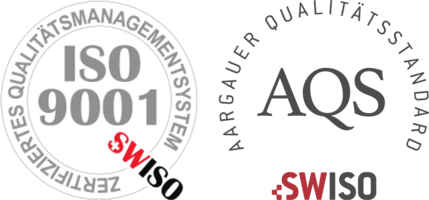 Zertifizierungslogos ISO 9001:2015, Aargauer Qualitätsstandard (AQS) und SwissISO