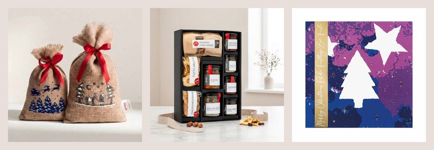 Collage Chlaussack, Geschenkset und Weihnachstskarte